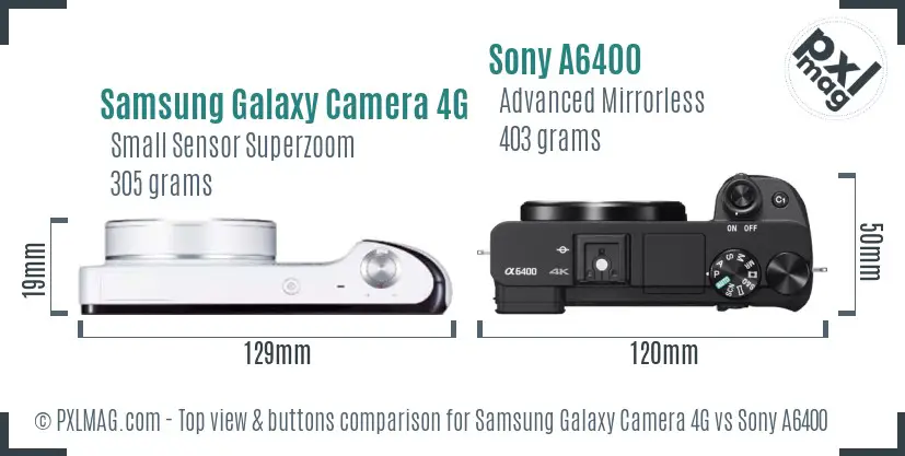 Samsung Galaxy Camera 4G vs Sony A6400 top view buttons comparison