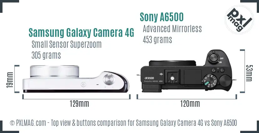 Samsung Galaxy Camera 4G vs Sony A6500 top view buttons comparison