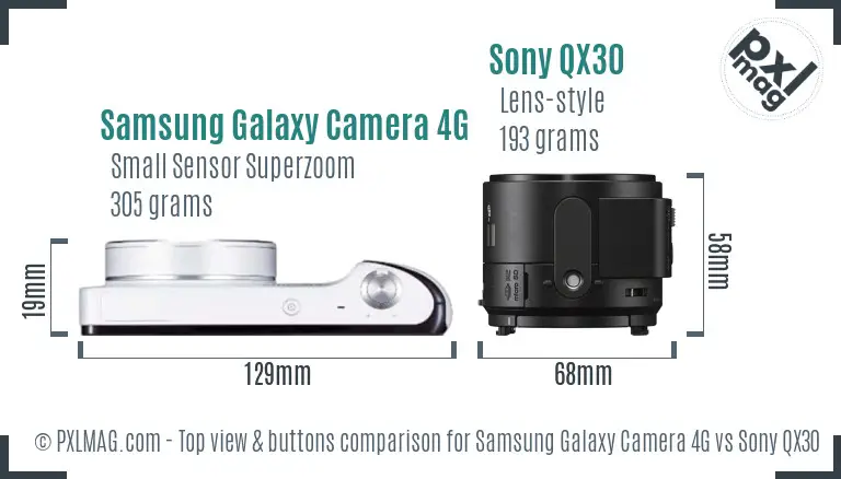 Samsung Galaxy Camera 4G vs Sony QX30 top view buttons comparison