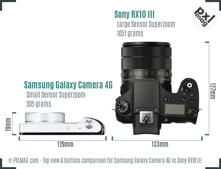 Samsung Galaxy Camera 4G vs Sony RX10 III top view buttons comparison