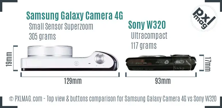 Samsung Galaxy Camera 4G vs Sony W320 top view buttons comparison