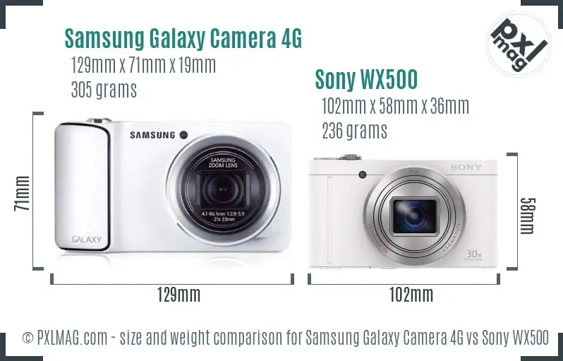 Samsung Galaxy Camera 4G vs Sony WX500 size comparison