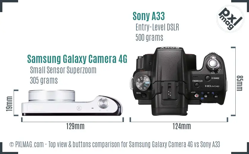 Samsung Galaxy Camera 4G vs Sony A33 top view buttons comparison