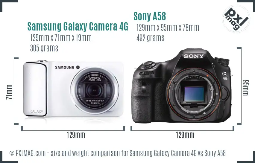 Samsung Galaxy Camera 4G vs Sony A58 size comparison