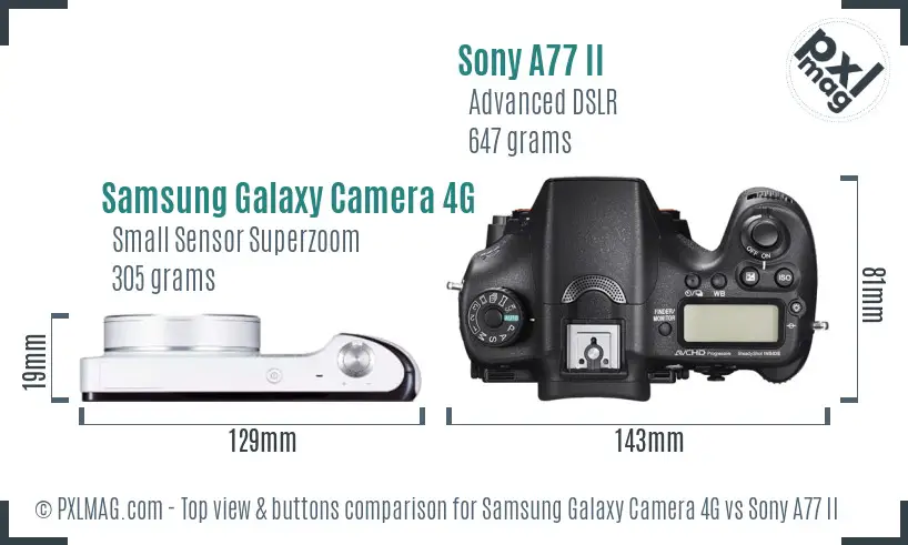 Samsung Galaxy Camera 4G vs Sony A77 II top view buttons comparison