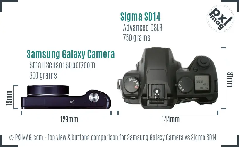 Samsung Galaxy Camera vs Sigma SD14 top view buttons comparison