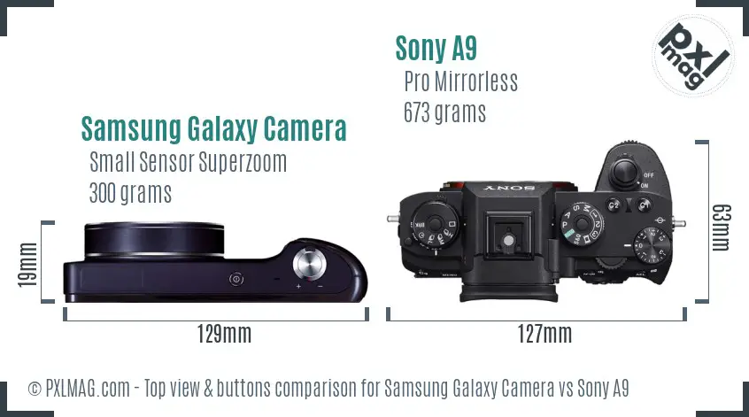 Samsung Galaxy Camera vs Sony A9 top view buttons comparison