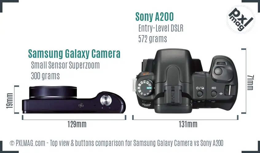 Samsung Galaxy Camera vs Sony A200 top view buttons comparison