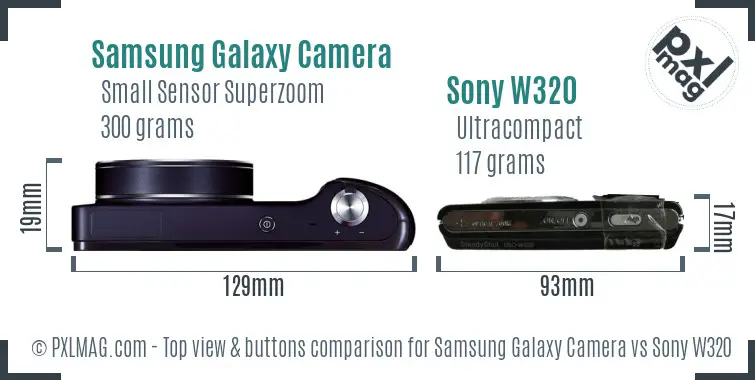 Samsung Galaxy Camera vs Sony W320 top view buttons comparison