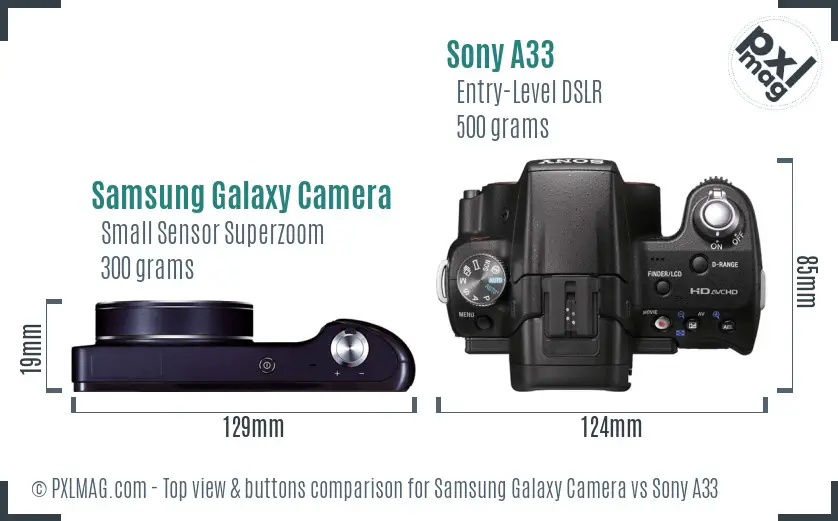 Samsung Galaxy Camera vs Sony A33 top view buttons comparison