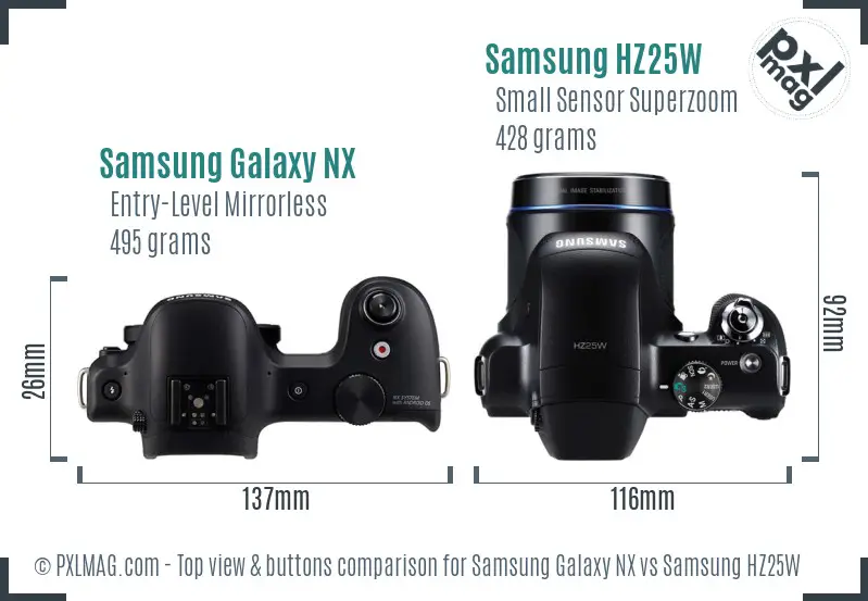 Samsung Galaxy NX vs Samsung HZ25W top view buttons comparison