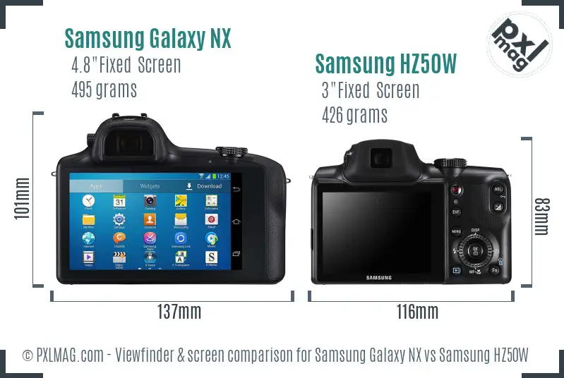 Samsung Galaxy NX vs Samsung HZ50W Screen and Viewfinder comparison