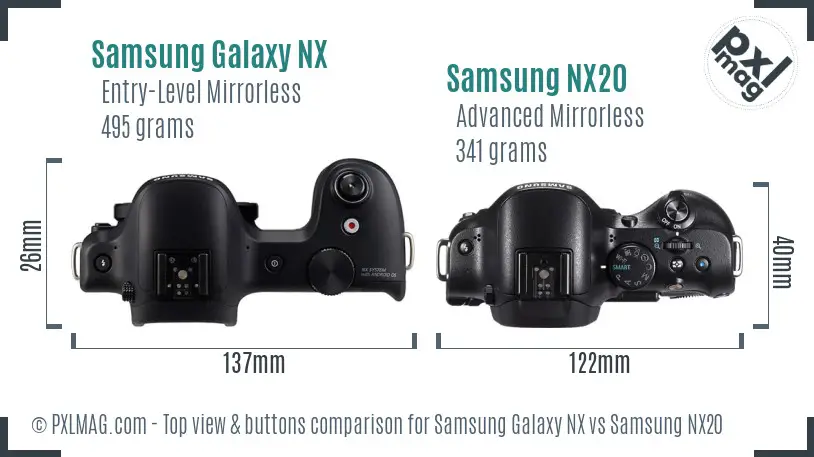 Samsung Galaxy NX vs Samsung NX20 top view buttons comparison