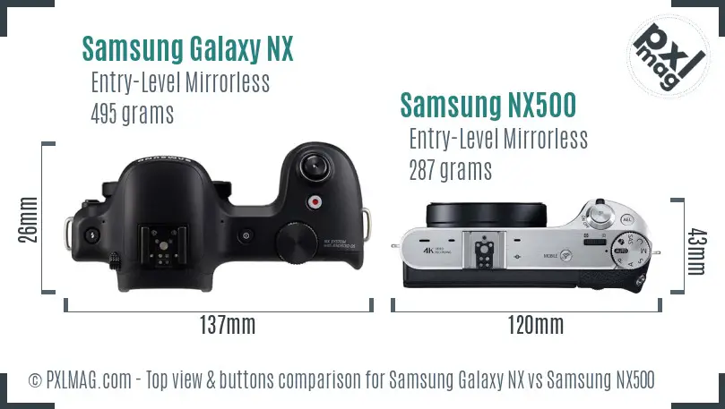 Samsung Galaxy NX vs Samsung NX500 top view buttons comparison