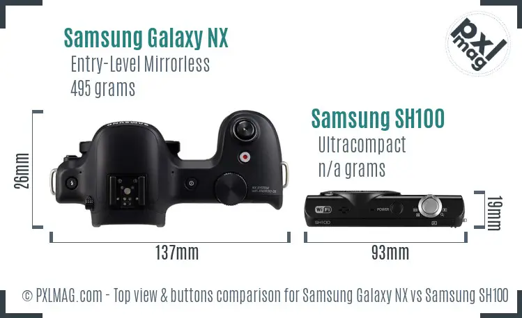 Samsung Galaxy NX vs Samsung SH100 top view buttons comparison