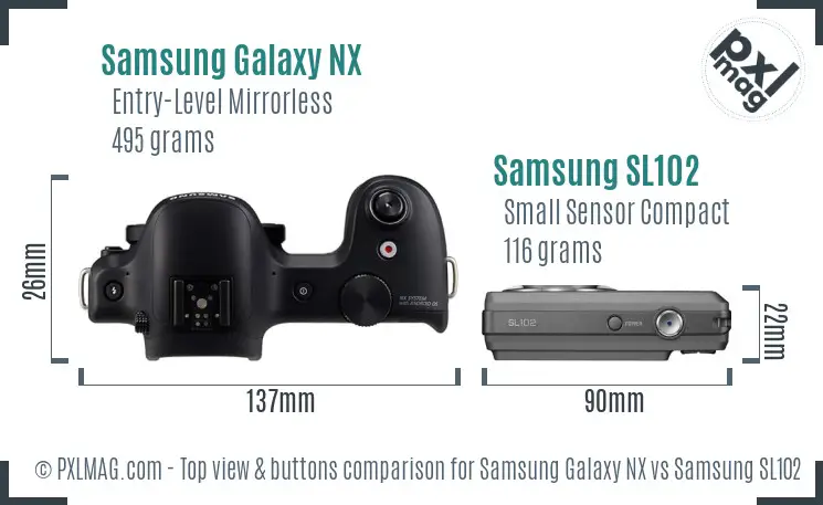 Samsung Galaxy NX vs Samsung SL102 top view buttons comparison Samsung Galaxy NX vs Samsung SL102 top view buttons comparison