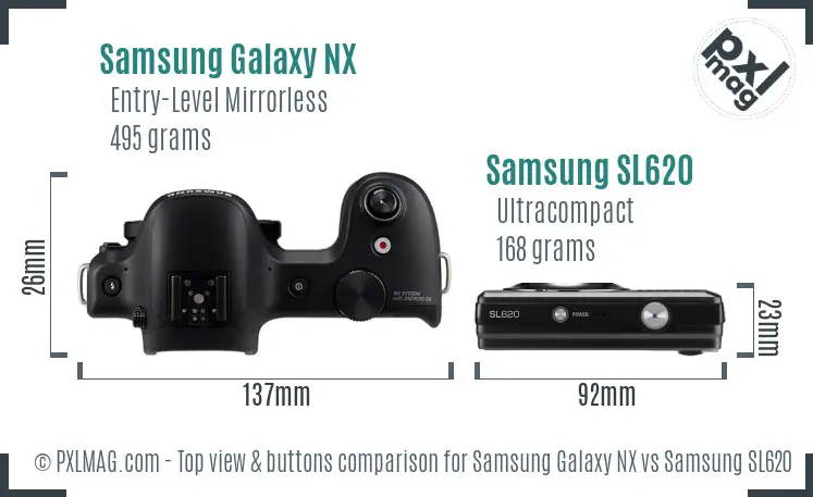 Samsung Galaxy NX vs Samsung SL620 top view buttons comparison