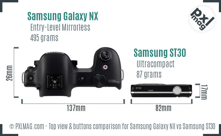 Samsung Galaxy NX vs Samsung ST30 top view buttons comparison