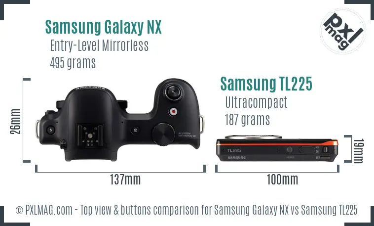 Samsung Galaxy NX vs Samsung TL225 top view buttons comparison Samsung Galaxy NX vs Samsung TL225 top view buttons comparison