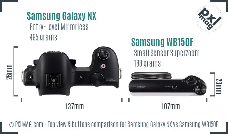 Samsung Galaxy NX vs Samsung WB150F top view buttons comparison Samsung Galaxy NX vs Samsung WB150F top view buttons comparison