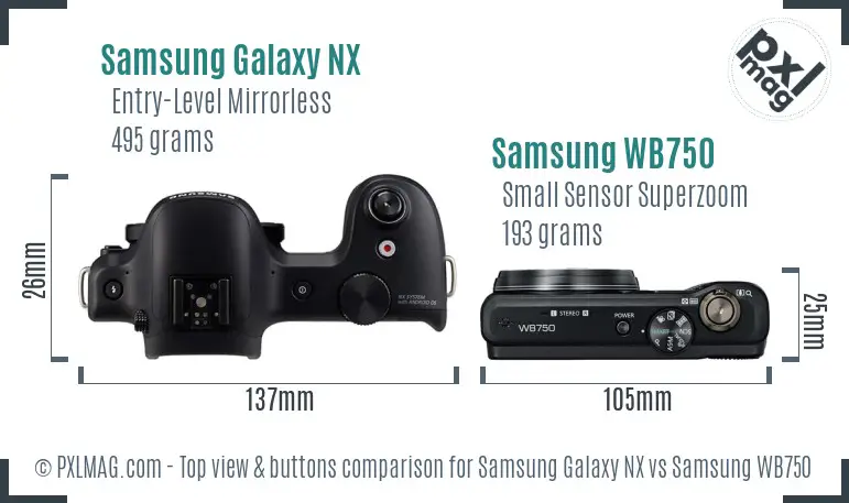 Samsung Galaxy NX vs Samsung WB750 top view buttons comparison