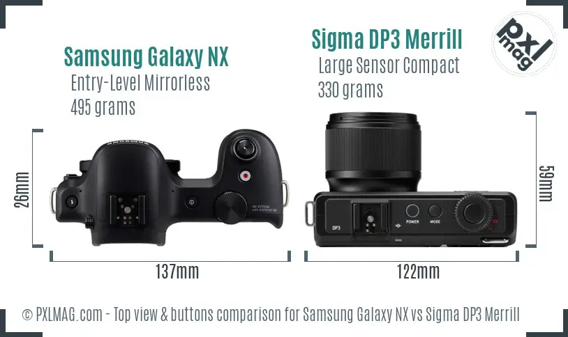 Samsung Galaxy NX vs Sigma DP3 Merrill top view buttons comparison