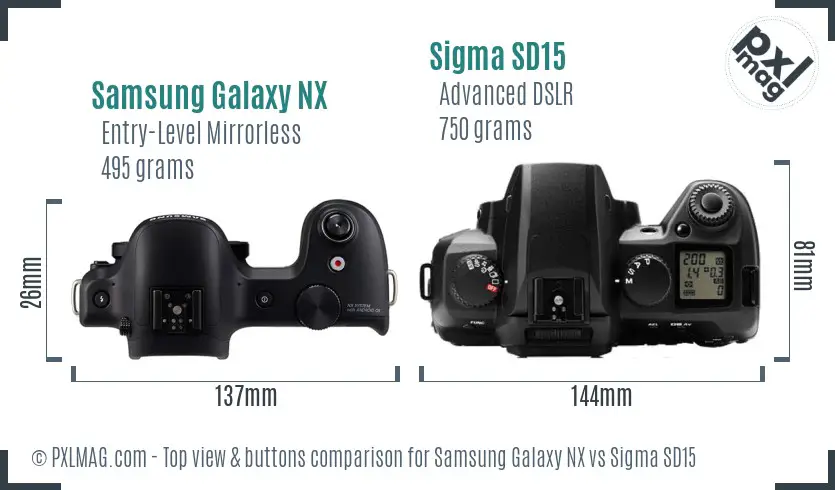 Samsung Galaxy NX vs Sigma SD15 top view buttons comparison