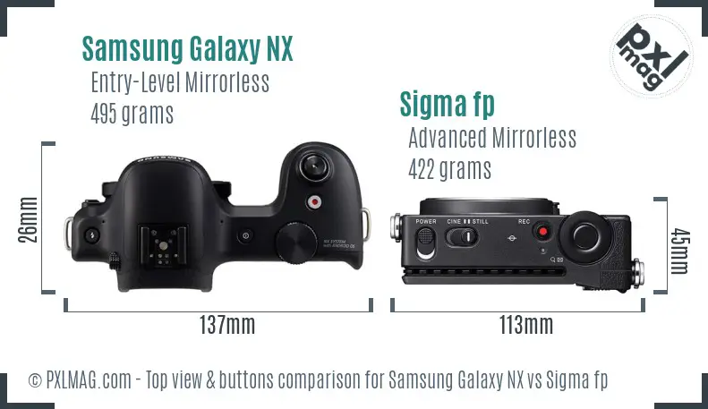 Samsung Galaxy NX vs Sigma fp top view buttons comparison