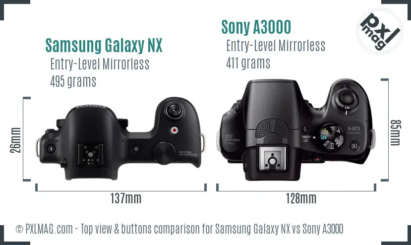 Samsung Galaxy NX vs Sony A3000 top view buttons comparison