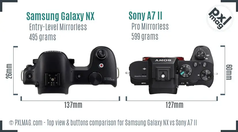 Samsung Galaxy NX vs Sony A7 II top view buttons comparison