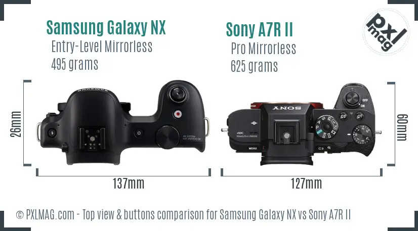 Samsung Galaxy NX vs Sony A7R II top view buttons comparison