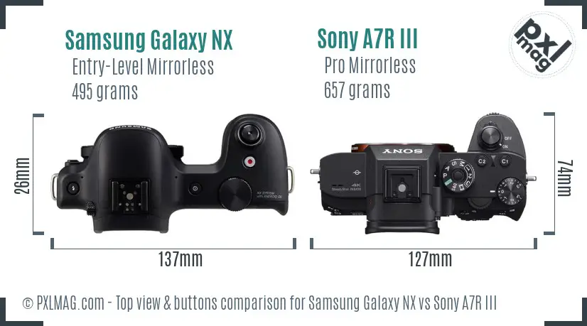 Samsung Galaxy NX vs Sony A7R III top view buttons comparison
