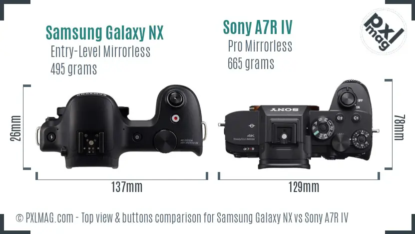 Samsung Galaxy NX vs Sony A7R IV top view buttons comparison