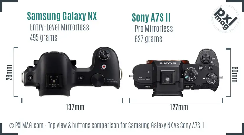 Samsung Galaxy NX vs Sony A7S II top view buttons comparison