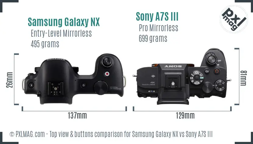 Samsung Galaxy NX vs Sony A7S III top view buttons comparison