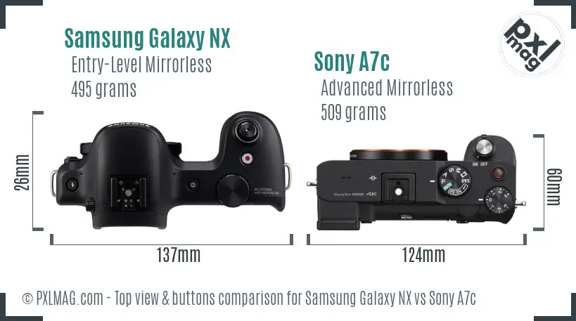 Samsung Galaxy NX vs Sony A7c top view buttons comparison