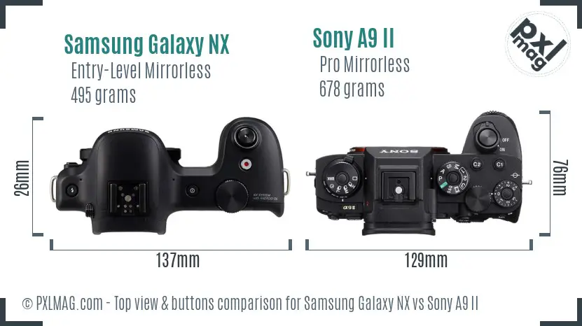 Samsung Galaxy NX vs Sony A9 II top view buttons comparison