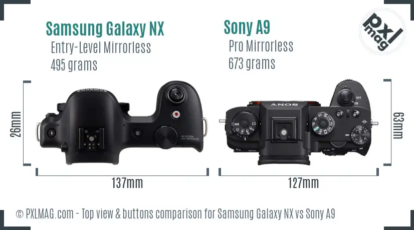 Samsung Galaxy NX vs Sony A9 top view buttons comparison