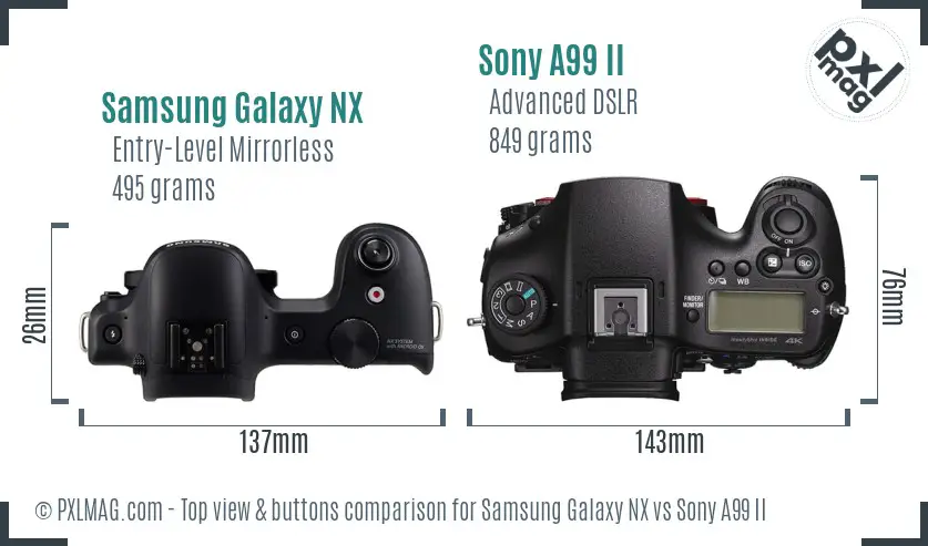 Samsung Galaxy NX vs Sony A99 II top view buttons comparison