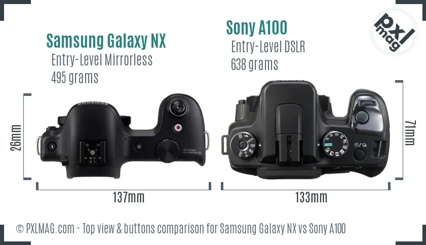 Samsung Galaxy NX vs Sony A100 top view buttons comparison