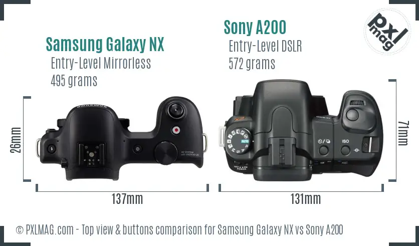 Samsung Galaxy NX vs Sony A200 top view buttons comparison