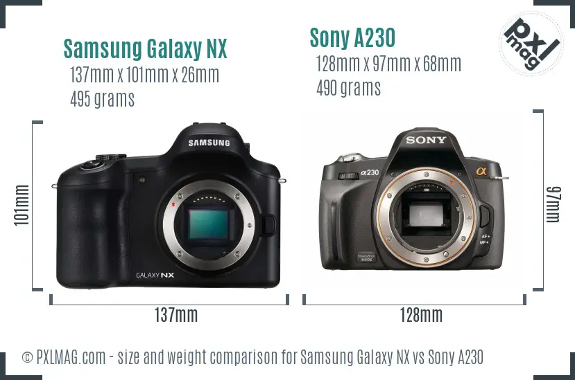Samsung Galaxy NX vs Sony A230 size comparison