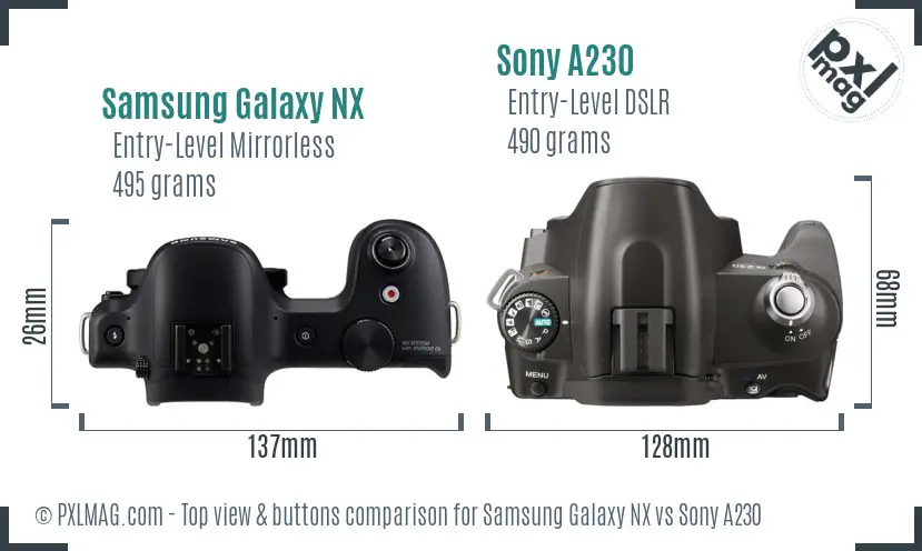 Samsung Galaxy NX vs Sony A230 top view buttons comparison