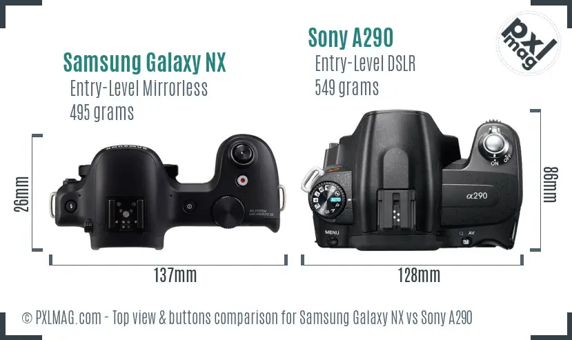Samsung Galaxy NX vs Sony A290 top view buttons comparison