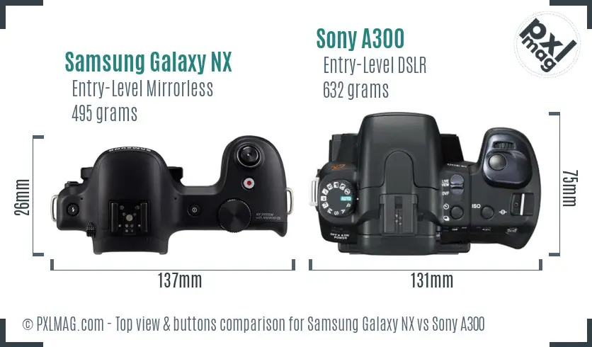 Samsung Galaxy NX vs Sony A300 top view buttons comparison