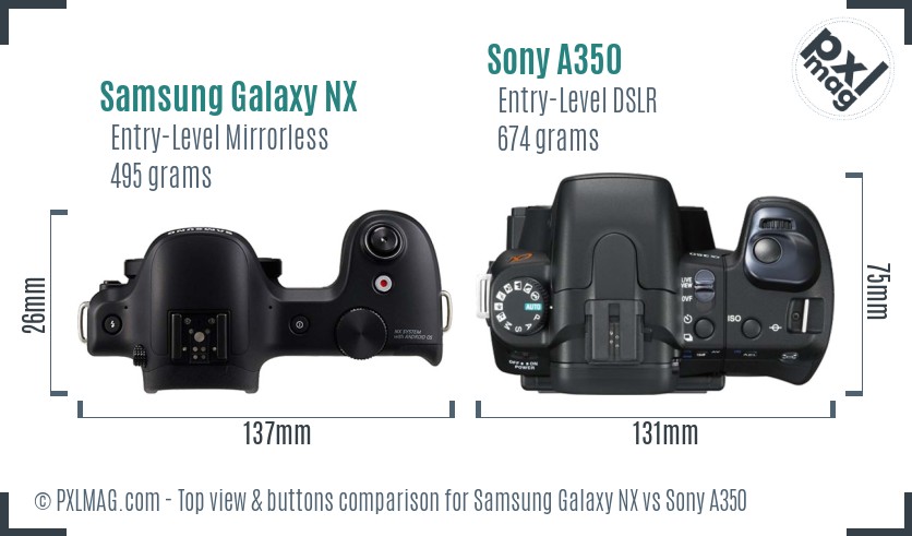 Samsung Galaxy NX vs Sony A350 top view buttons comparison