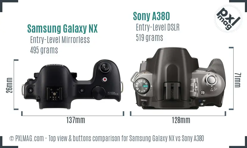 Samsung Galaxy NX vs Sony A380 top view buttons comparison