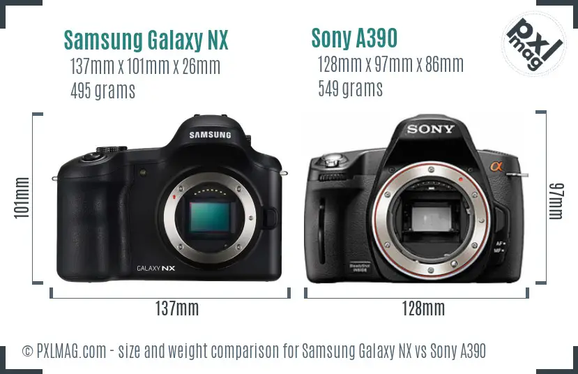 Samsung Galaxy NX vs Sony A390 size comparison