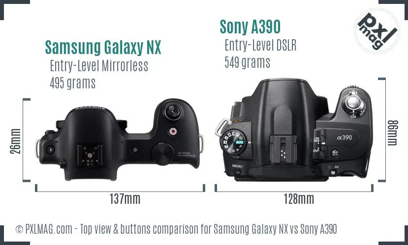 Samsung Galaxy NX vs Sony A390 top view buttons comparison