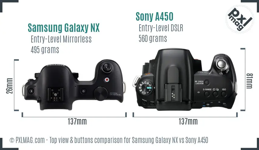 Samsung Galaxy NX vs Sony A450 top view buttons comparison